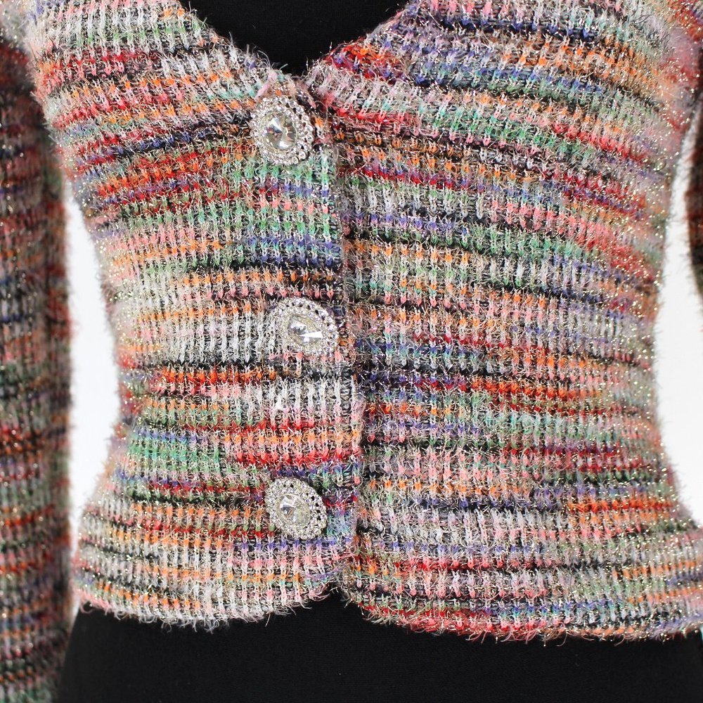 MAJORELLE Metallic Striped Louise Cardigan Silver V-Neck Embellished Sweater XS - Picture 6 of 9